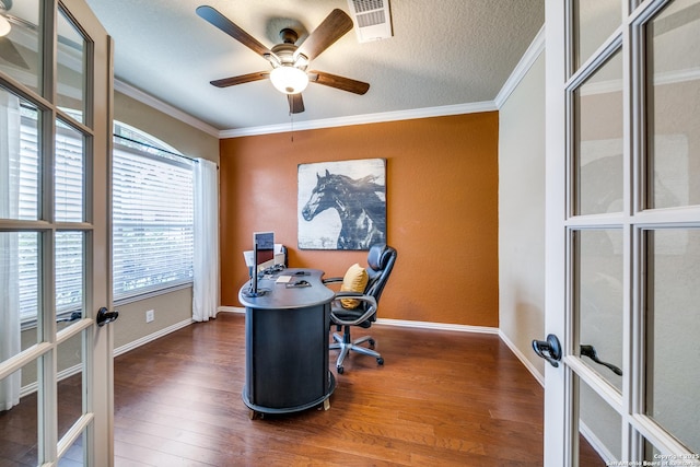 office space featuring crown molding, visible vents, wood finished floors, french doors, and a ceiling fan