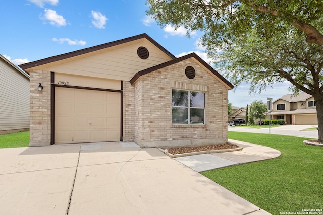 10022 Carswell Peak, San Antonio, TX 78245 - ranch-style house with brick siding, a garage, a front lawn, and concrete driveway