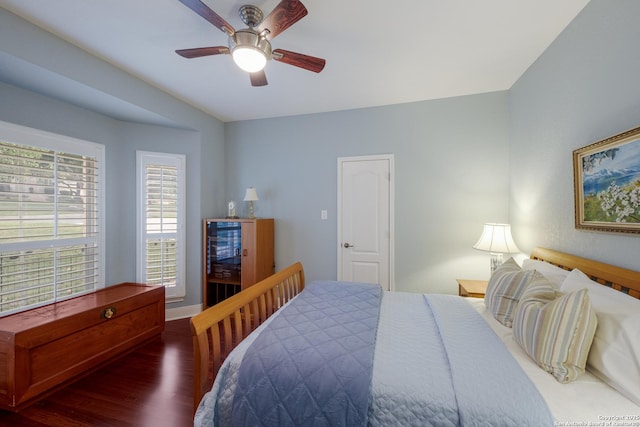 bedroom with a ceiling fan and wood finished floors