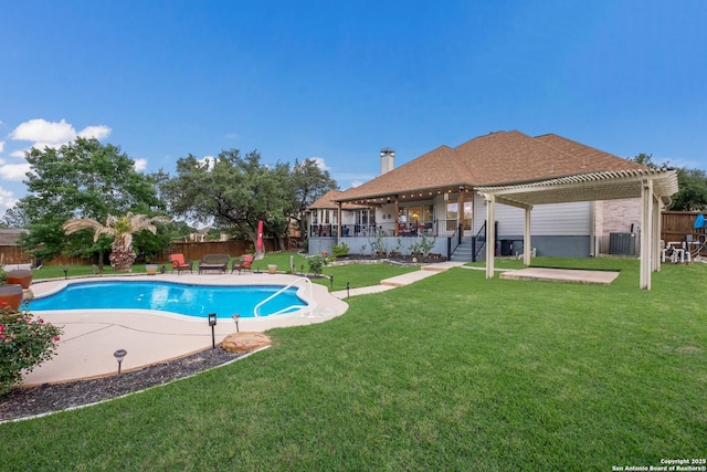 view of pool featuring a fenced backyard, a patio area, a pergola, and cooling unit