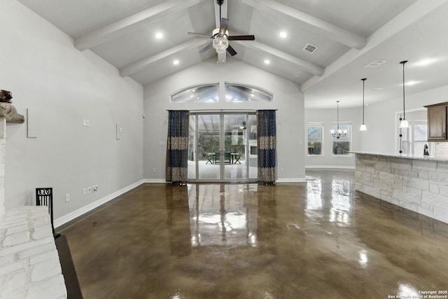unfurnished living room featuring concrete flooring, ceiling fan with notable chandelier, and beam ceiling