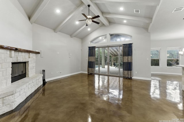 unfurnished living room with baseboards, a fireplace, finished concrete floors, and visible vents