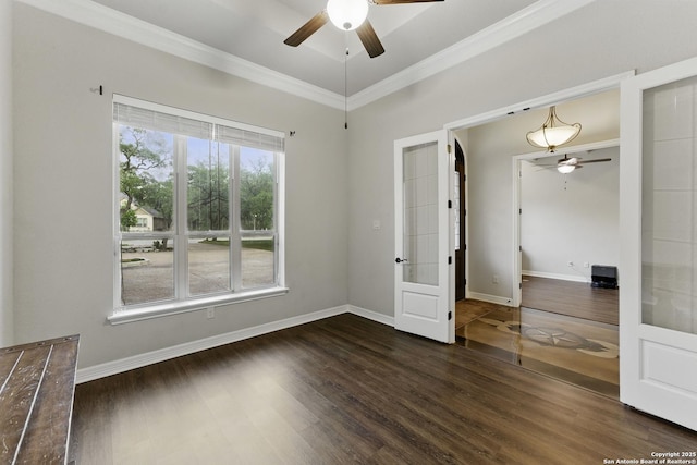 unfurnished room featuring crown molding, a ceiling fan, french doors, and wood finished floors