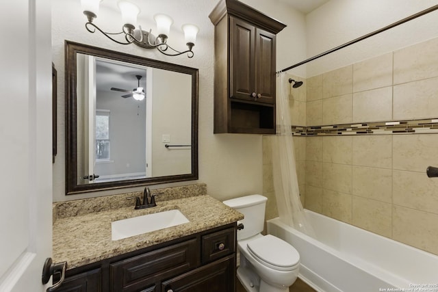 bathroom with vanity, shower / tub combo, ceiling fan, and toilet