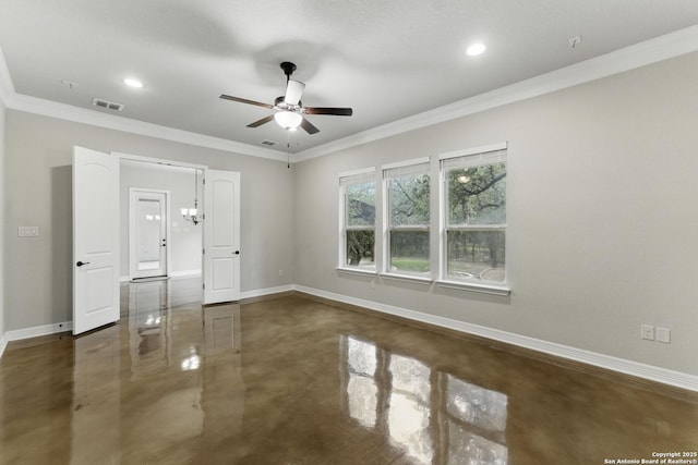 unfurnished room featuring a ceiling fan, baseboards, finished concrete floors, visible vents, and ornamental molding