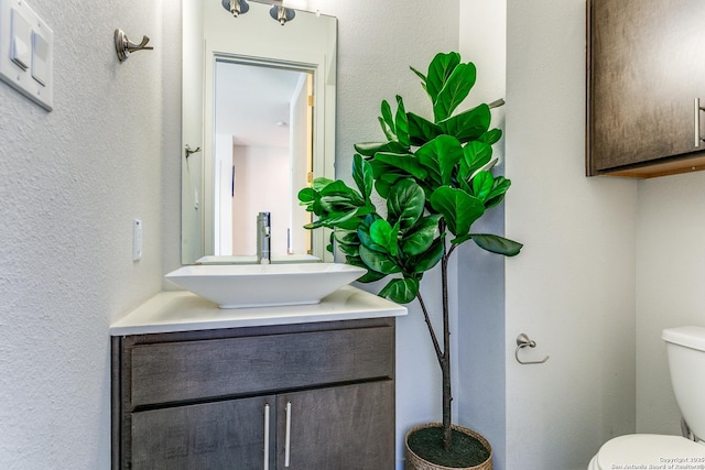 bathroom featuring vanity, a textured wall, and toilet