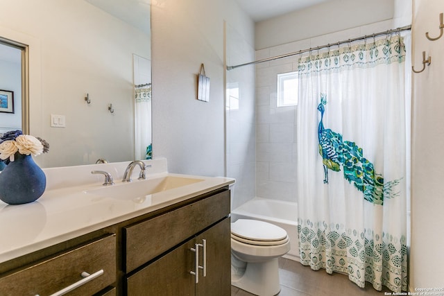 full bathroom featuring vanity, shower / bathtub combination with curtain, and toilet