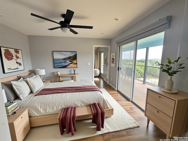726 Barbara Dr, Canyon Lake, TX 78133 - bedroom with ceiling fan, light wood-style floors, access to exterior, recessed lighting, and visible vents