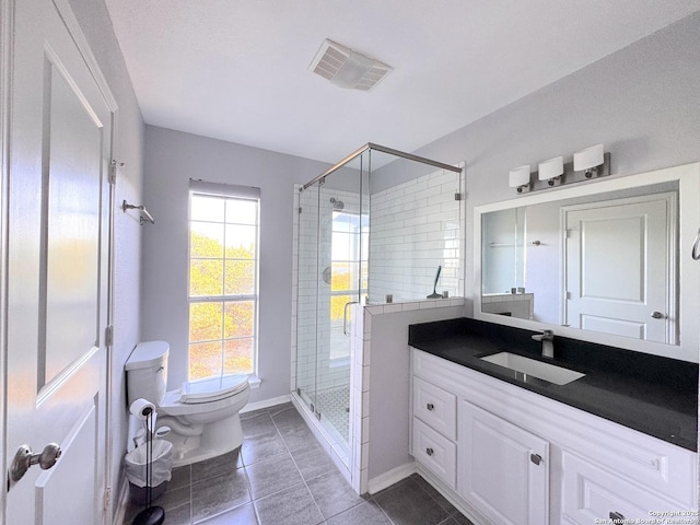 726 Barbara Dr, Canyon Lake, TX 78133 - full bathroom featuring visible vents, a stall shower, vanity, tile patterned floors, and toilet