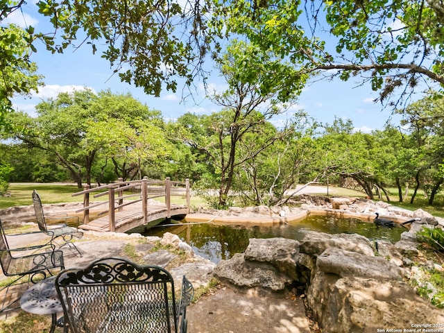 view of yard featuring a small pond