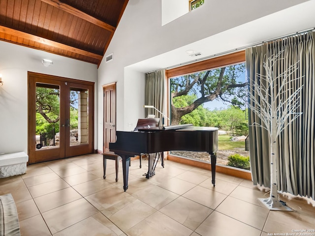 living area featuring high vaulted ceiling, french doors, wooden ceiling, beamed ceiling, and visible vents