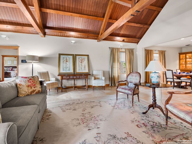 living room featuring baseboards, wooden ceiling, vaulted ceiling with beams, and tile patterned flooring