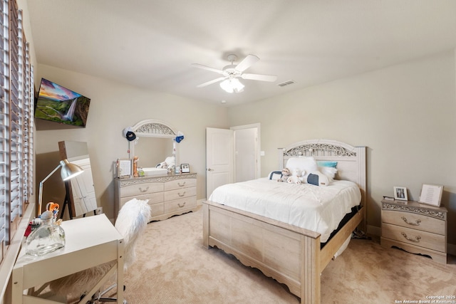 30406 Saddleridge, Bulverde, TX 78163 - bedroom with visible vents, ceiling fan, and light carpet