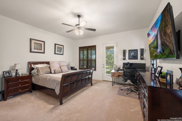 30406 Saddleridge, Bulverde, TX 78163 - bedroom featuring access to outside, a ceiling fan, light colored carpet, and baseboards