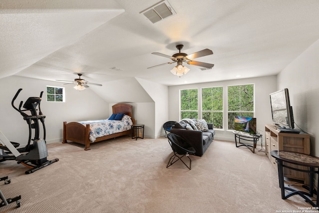 30406 Saddleridge, Bulverde, TX 78163 - bedroom featuring visible vents, lofted ceiling, baseboards, a ceiling fan, and carpet