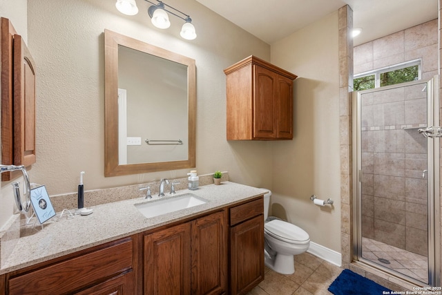 30406 Saddleridge, Bulverde, TX 78163 - bathroom featuring vanity, tile patterned floors, a shower stall, and toilet