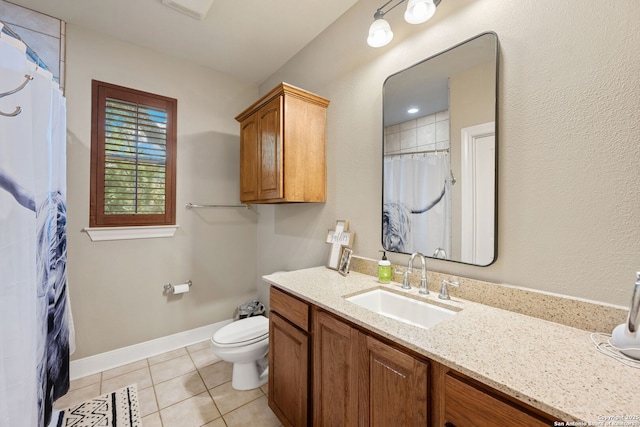 30406 Saddleridge, Bulverde, TX 78163 - bathroom with vanity, curtained shower, toilet, baseboards, and tile patterned floors