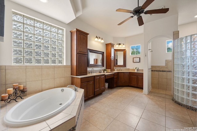 30406 Saddleridge, Bulverde, TX 78163 - bathroom with a garden tub, a ceiling fan, a sink, and a wealth of natural light