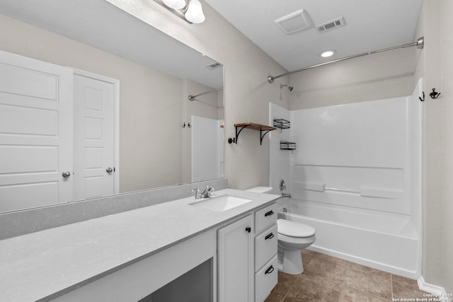 full bathroom featuring shower / tub combination, tile patterned flooring, vanity, toilet, and visible vents