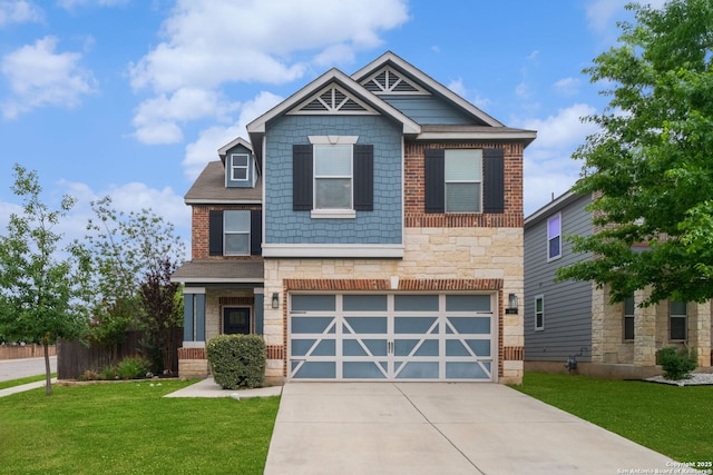view of front of property featuring a garage, a front lawn, fence, stone siding, and concrete driveway