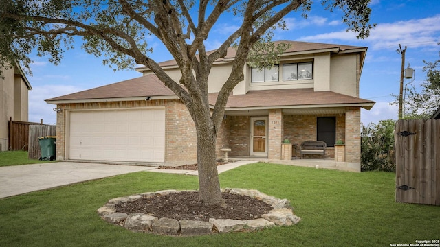 view of front of home with fence, roof with shingles, a garage, a front yard, and concrete driveway