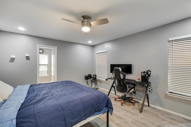 bedroom with recessed lighting, baseboards, a ceiling fan, and light wood finished floors