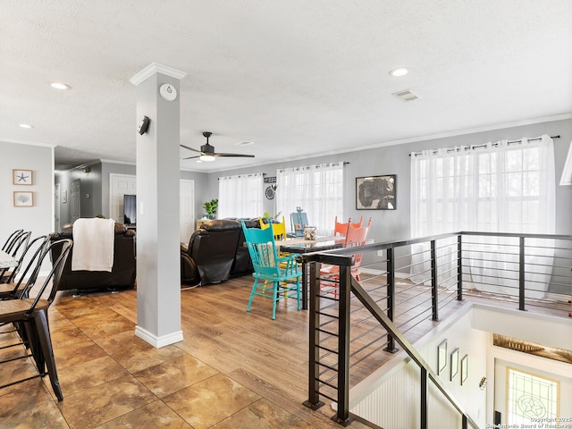 dining room featuring tile patterned flooring, ornamental molding, recessed lighting, and ceiling fan