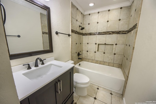 full bathroom featuring vanity, a textured wall, toilet, shower / tub combination, and tile patterned floors