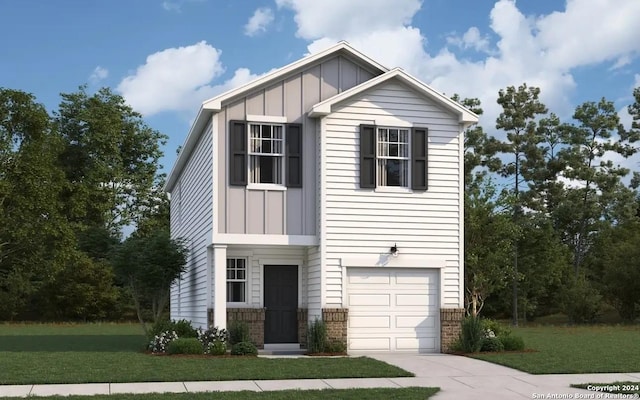 view of front facade featuring board and batten siding, a garage, concrete driveway, and a front lawn