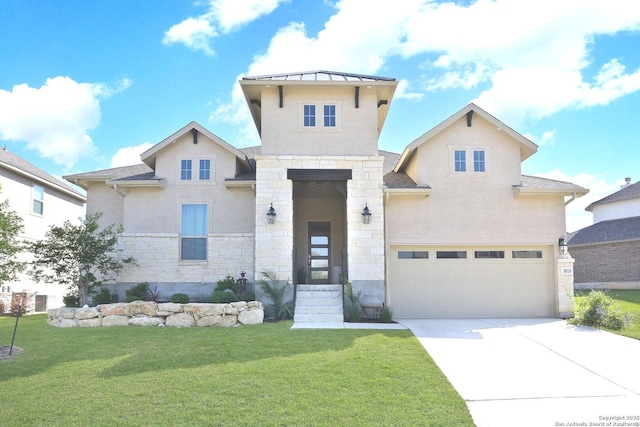 3818 Cualquiera, San Antonio, TX 78261 - view of front of property featuring a front lawn, stone siding, concrete driveway, a garage, and stucco siding