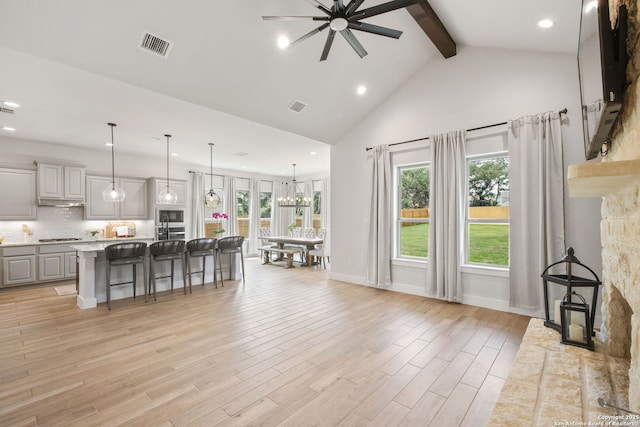 3818 Cualquiera, San Antonio, TX 78261 - kitchen featuring built in microwave, beamed ceiling, a kitchen bar, a ceiling fan, and plenty of natural light