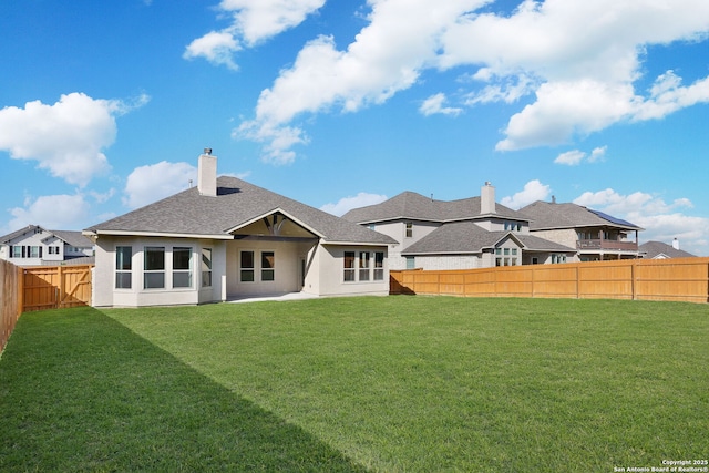 3818 Cualquiera, San Antonio, TX 78261 - back of house with stucco siding, a chimney, roof with shingles, and a patio