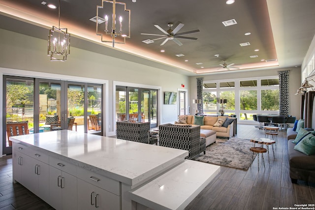 3818 Cualquiera, San Antonio, TX 78261 - kitchen featuring a raised ceiling, a ceiling fan, french doors, open floor plan, and recessed lighting