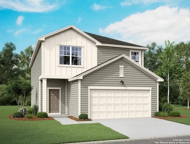 view of front of home with board and batten siding, concrete driveway, a front yard, and a garage