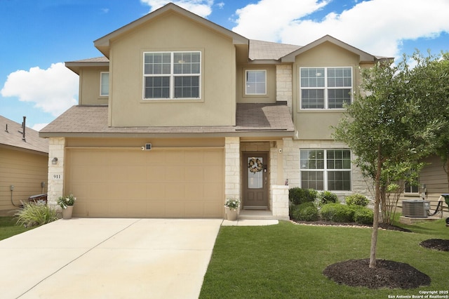 view of front of house featuring a front yard, a shingled roof, stone siding, and stucco siding
