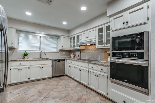 kitchen with decorative backsplash, appliances with stainless steel finishes, a sink, light stone counters, and under cabinet range hood