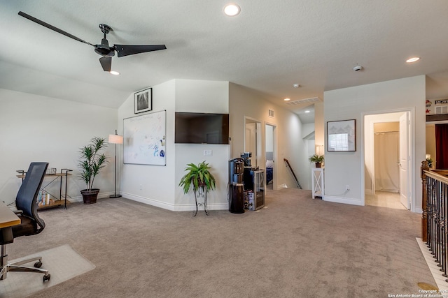13911 Lazada, San Antonio, TX 78245 - office with carpet, a ceiling fan, recessed lighting, lofted ceiling, and baseboards