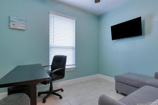 9407 Sundrop Vly, San Antonio, TX 78254 - office space with baseboards, ceiling fan, and light tile patterned flooring
