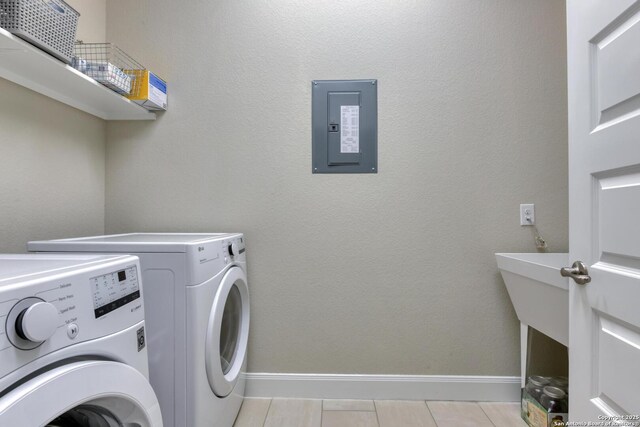 9407 Sundrop Vly, San Antonio, TX 78254 - laundry room featuring laundry area, washer and clothes dryer, baseboards, and electric panel