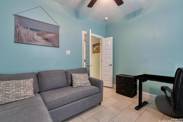 9407 Sundrop Vly, San Antonio, TX 78254 - office area featuring light tile patterned floors, baseboards, and a ceiling fan