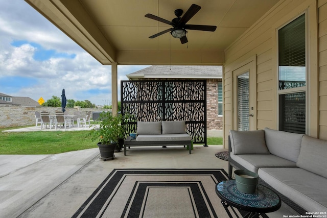 9407 Sundrop Vly, San Antonio, TX 78254 - view of patio with ceiling fan, outdoor dining area, and an outdoor hangout area