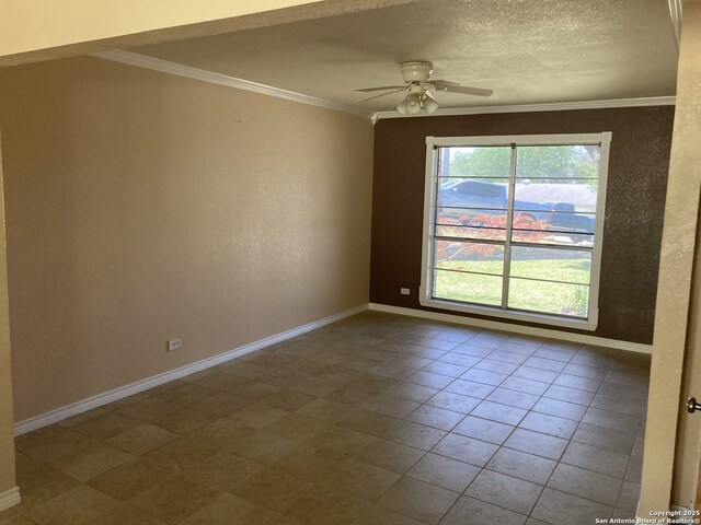 3014 War Knife, San Antonio, TX 78238 - tiled empty room featuring baseboards, a ceiling fan, and crown molding