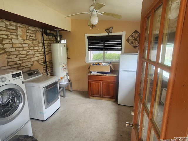 3014 War Knife, San Antonio, TX 78238 - clothes washing area with cabinet space, ceiling fan, gas water heater, and washing machine and clothes dryer