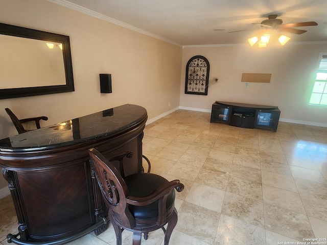 3014 War Knife, San Antonio, TX 78238 - interior space with crown molding, a ceiling fan, baseboards, and light tile patterned floors