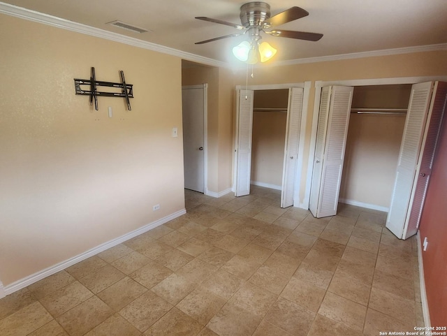 3014 War Knife, San Antonio, TX 78238 - unfurnished bedroom with baseboards, ornamental molding, two closets, and visible vents