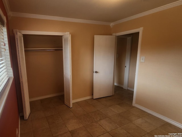 3014 War Knife, San Antonio, TX 78238 - unfurnished bedroom with baseboards, ornamental molding, a closet, and tile patterned floors