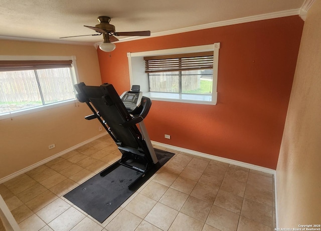 3014 War Knife, San Antonio, TX 78238 - exercise room featuring a healthy amount of sunlight, baseboards, tile patterned flooring, and ornamental molding