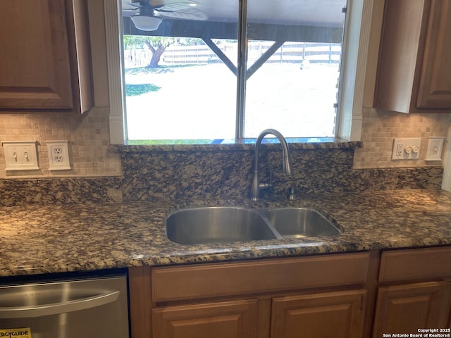 3014 War Knife, San Antonio, TX 78238 - kitchen with ceiling fan, tasteful backsplash, a sink, dark stone countertops, and dishwasher