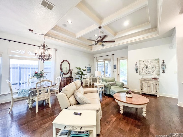 living room with an inviting chandelier, beam ceiling, dark wood finished floors, visible vents, and coffered ceiling