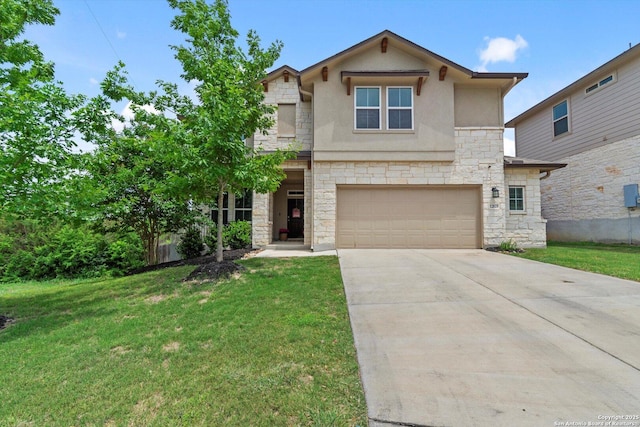 12819 Canadian, San Antonio, TX 78253 - view of front of property featuring concrete driveway, a front yard, stone siding, and stucco siding